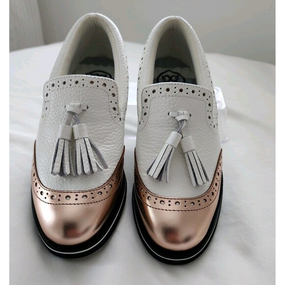 G/Fore GG Golf Shoes Girl's Sz 5.5 US, White Rose Gold Leather Cushioned Preppy - Picture 2 of 10